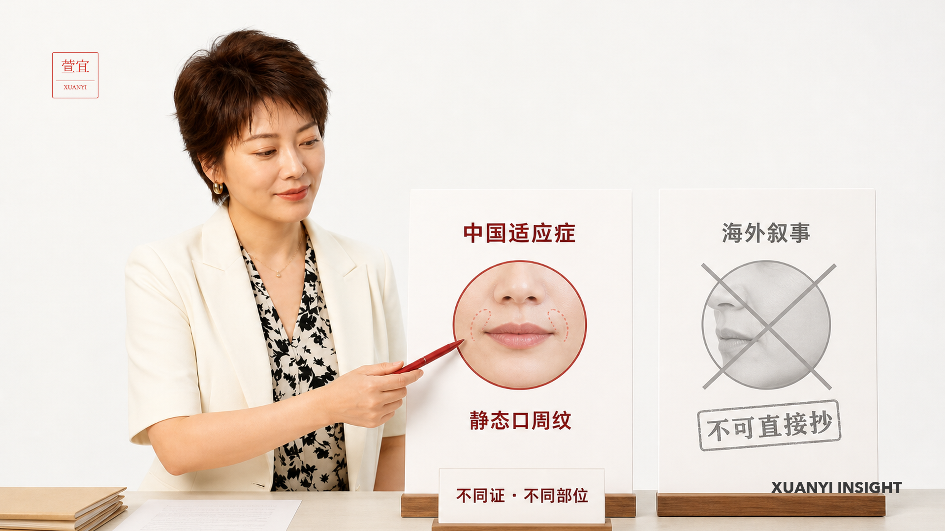 中国适应症只到静态口周纹，美国面颊叙事不可直接抄